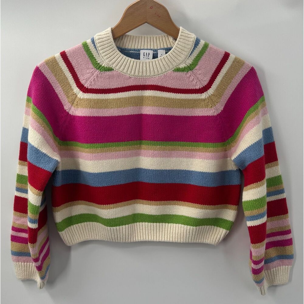 NWT Girls Striped Gap Pink Stripe Relaxed Crew Neck Sweater Cotton Wool M 8/9